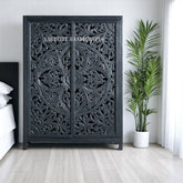 Hand-carved Lombok 2 Door Armoire Indigo Blue | Hand-carved Lombok 2 Door Wardrobe Indigo Blue